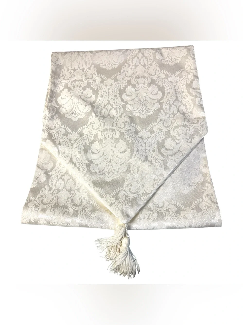 Waterford Linens 1992 Ivory Damask Table Runner w/Pointed Ends & Tassels 68x14”